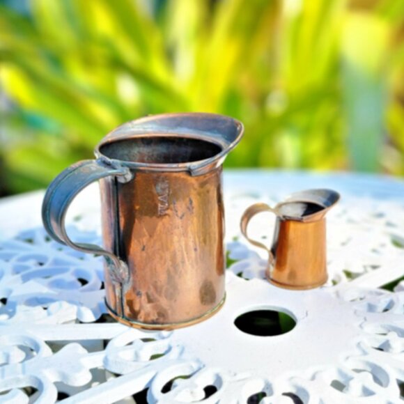 Antique Vintage Handcrafted Copper Pitcher W.A.L Stamp 4.5”x3” & 2.5"x1.75" - Picture 1 of 13